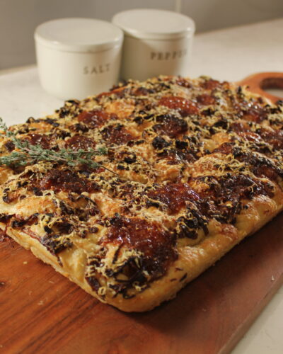 Garlic-Infused Olive Oil, Caramelized Onion, Fig Jam & Gruyère Focaccia
