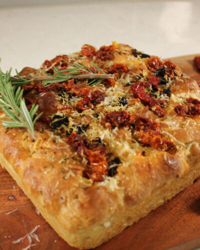 Garlic-Infused Olive Oil, Sun-Dried Tomato, Basil & Fresh Parmesan Focaccia